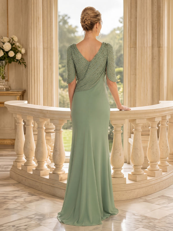 Sheath/Column V-Neck Chiffon Floor-Length Mother of the Bride & Groom Dresses with Sequin Bodice