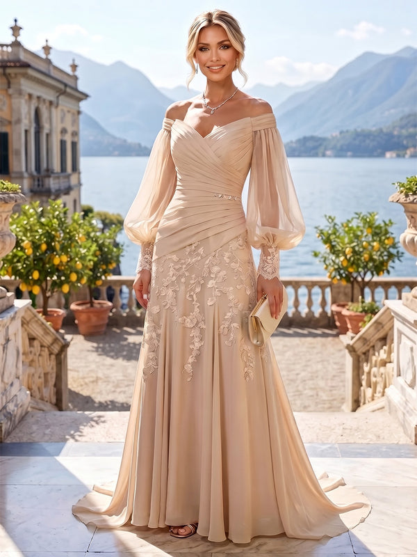 A-Line/Princess Off Shoulder Chiffon Floor-Length Mother of the Bride & Groom Dresses with Lace Appliques & Pleats