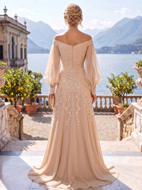 A-Line/Princess Off Shoulder Chiffon Floor-Length Mother of the Bride & Groom Dresses with Lace Appliques & Pleats