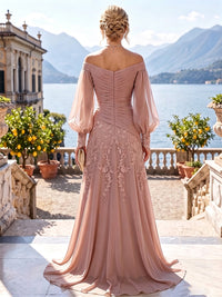 A-Line/Princess Off Shoulder Chiffon Floor-Length Mother of the Bride & Groom Dresses with Lace Appliques & Pleats