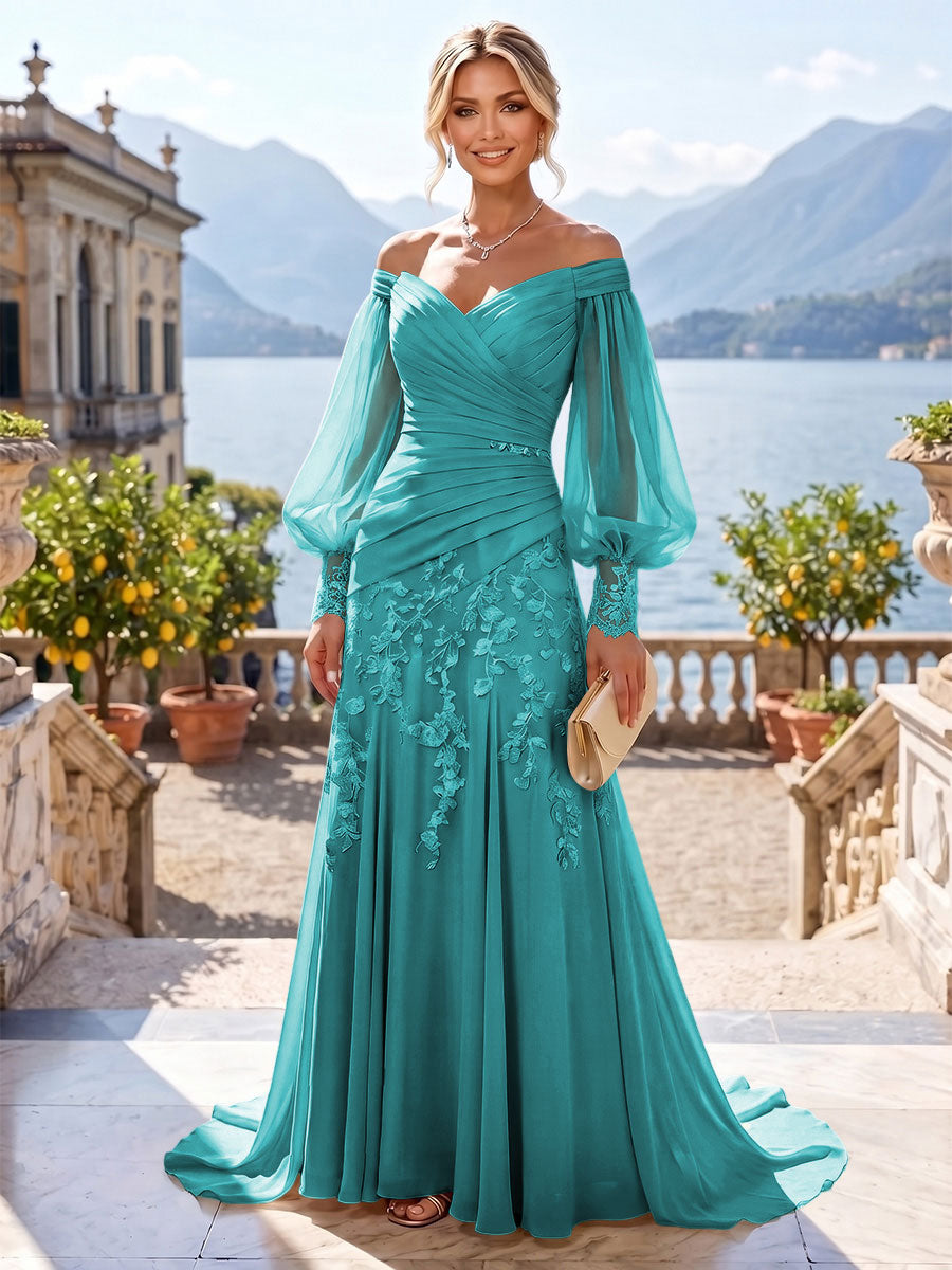 A-Line/Princess Off Shoulder Chiffon Floor-Length Mother of the Bride & Groom Dresses with Lace Appliques & Pleats