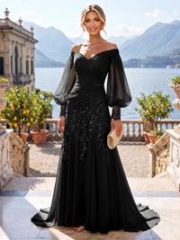 A-Line/Princess Off Shoulder Chiffon Floor-Length Mother of the Bride & Groom Dresses with Lace Appliques & Pleats