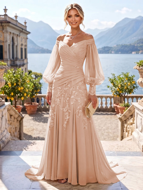 A-Line/Princess Off Shoulder Chiffon Floor-Length Mother of the Bride & Groom Dresses with Lace Appliques & Pleats