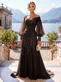 A-Line/Princess Off Shoulder Chiffon Floor-Length Mother of the Bride & Groom Dresses with Lace Appliques & Pleats