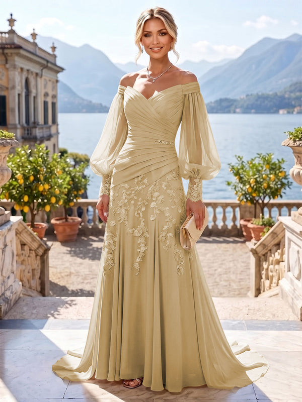 A-Line/Princess Off Shoulder Chiffon Floor-Length Mother of the Bride & Groom Dresses with Lace Appliques & Pleats