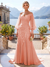 A-Line/Princess Off Shoulder Chiffon Floor-Length Mother of the Bride & Groom Dresses with Lace Appliques & Pleats