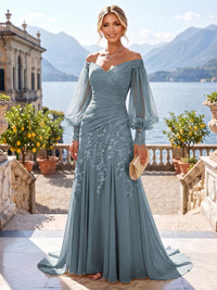 A-Line/Princess Off Shoulder Chiffon Floor-Length Mother of the Bride & Groom Dresses with Lace Appliques & Pleats