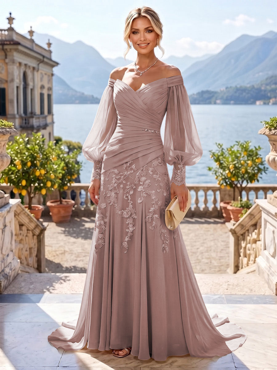A-Line/Princess Off Shoulder Chiffon Floor-Length Mother of the Bride & Groom Dresses with Lace Appliques & Pleats