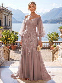 A-Line/Princess Off Shoulder Chiffon Floor-Length Mother of the Bride & Groom Dresses with Lace Appliques & Pleats