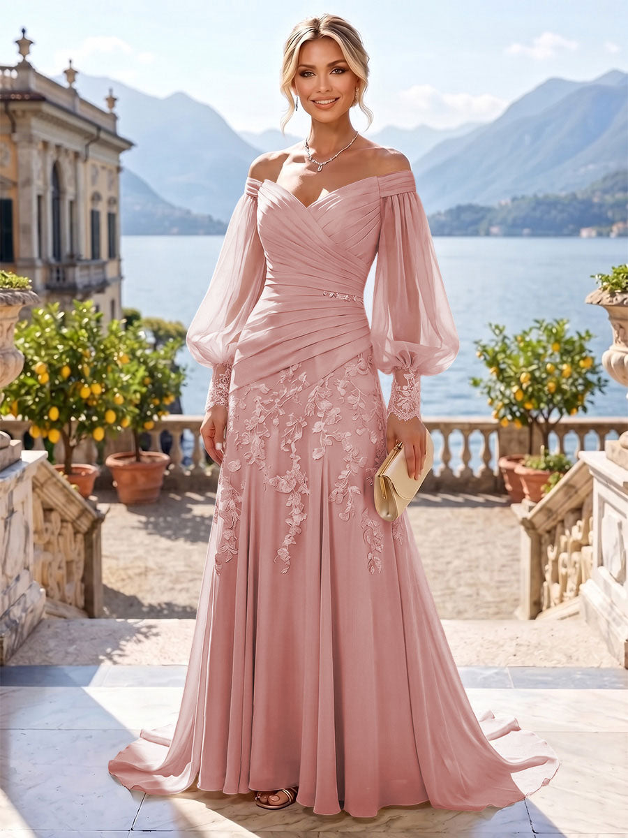 A-Line/Princess Off Shoulder Chiffon Floor-Length Mother of the Bride & Groom Dresses with Lace Appliques & Pleats