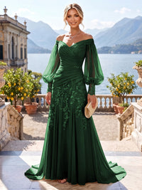 A-Line/Princess Off Shoulder Chiffon Floor-Length Mother of the Bride & Groom Dresses with Lace Appliques & Pleats