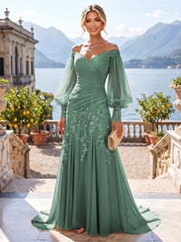 A-Line/Princess Off Shoulder Chiffon Floor-Length Mother of the Bride & Groom Dresses with Lace Appliques & Pleats