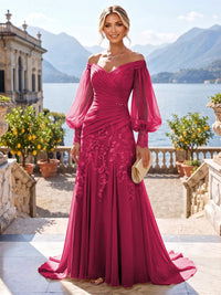 A-Line/Princess Off Shoulder Chiffon Floor-Length Mother of the Bride & Groom Dresses with Lace Appliques & Pleats