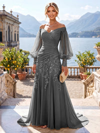 A-Line/Princess Off Shoulder Chiffon Floor-Length Mother of the Bride & Groom Dresses with Lace Appliques & Pleats