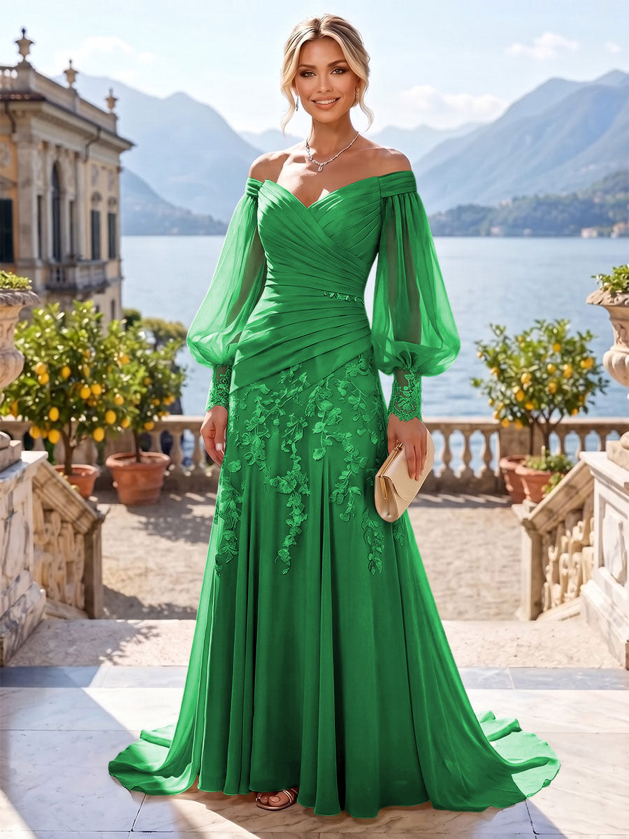 A-Line/Princess Off Shoulder Chiffon Floor-Length Mother of the Bride & Groom Dresses with Lace Appliques & Pleats