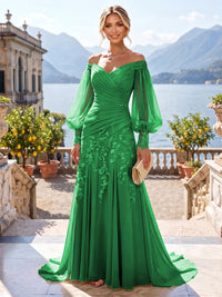A-Line/Princess Off Shoulder Chiffon Floor-Length Mother of the Bride & Groom Dresses with Lace Appliques & Pleats