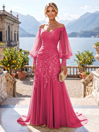 A-Line/Princess Off Shoulder Chiffon Floor-Length Mother of the Bride & Groom Dresses with Lace Appliques & Pleats