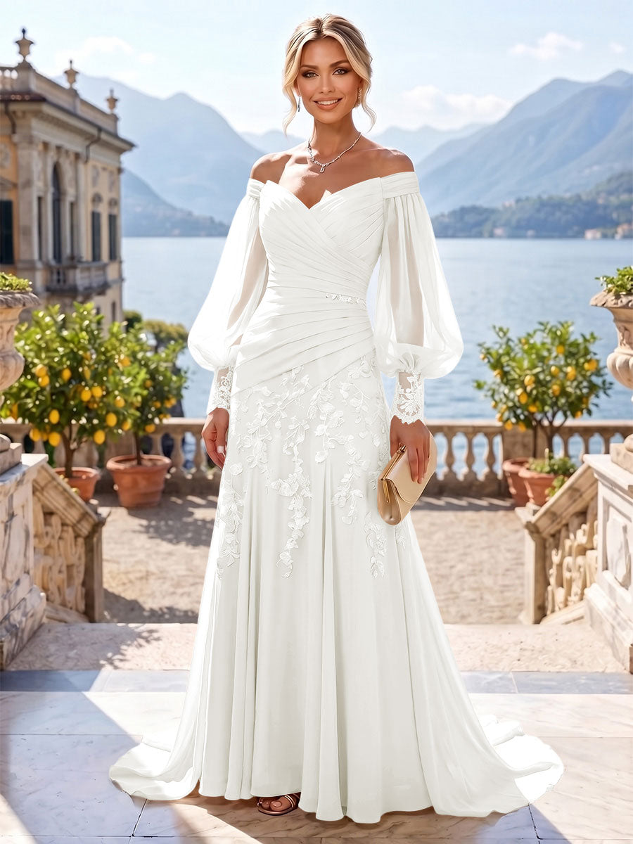 A-Line/Princess Off Shoulder Chiffon Floor-Length Mother of the Bride & Groom Dresses with Lace Appliques & Pleats