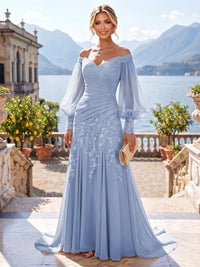 A-Line/Princess Off Shoulder Chiffon Floor-Length Mother of the Bride & Groom Dresses with Lace Appliques & Pleats