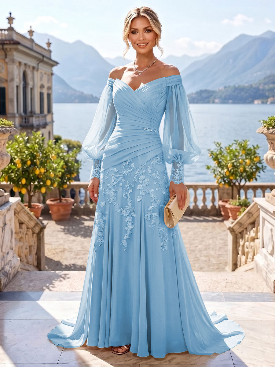 A-Line/Princess Off Shoulder Chiffon Floor-Length Mother of the Bride & Groom Dresses with Lace Appliques & Pleats