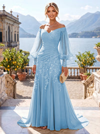 A-Line/Princess Off Shoulder Chiffon Floor-Length Mother of the Bride & Groom Dresses with Lace Appliques & Pleats