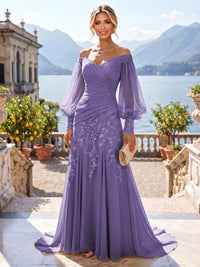 A-Line/Princess Off Shoulder Chiffon Floor-Length Mother of the Bride & Groom Dresses with Lace Appliques & Pleats