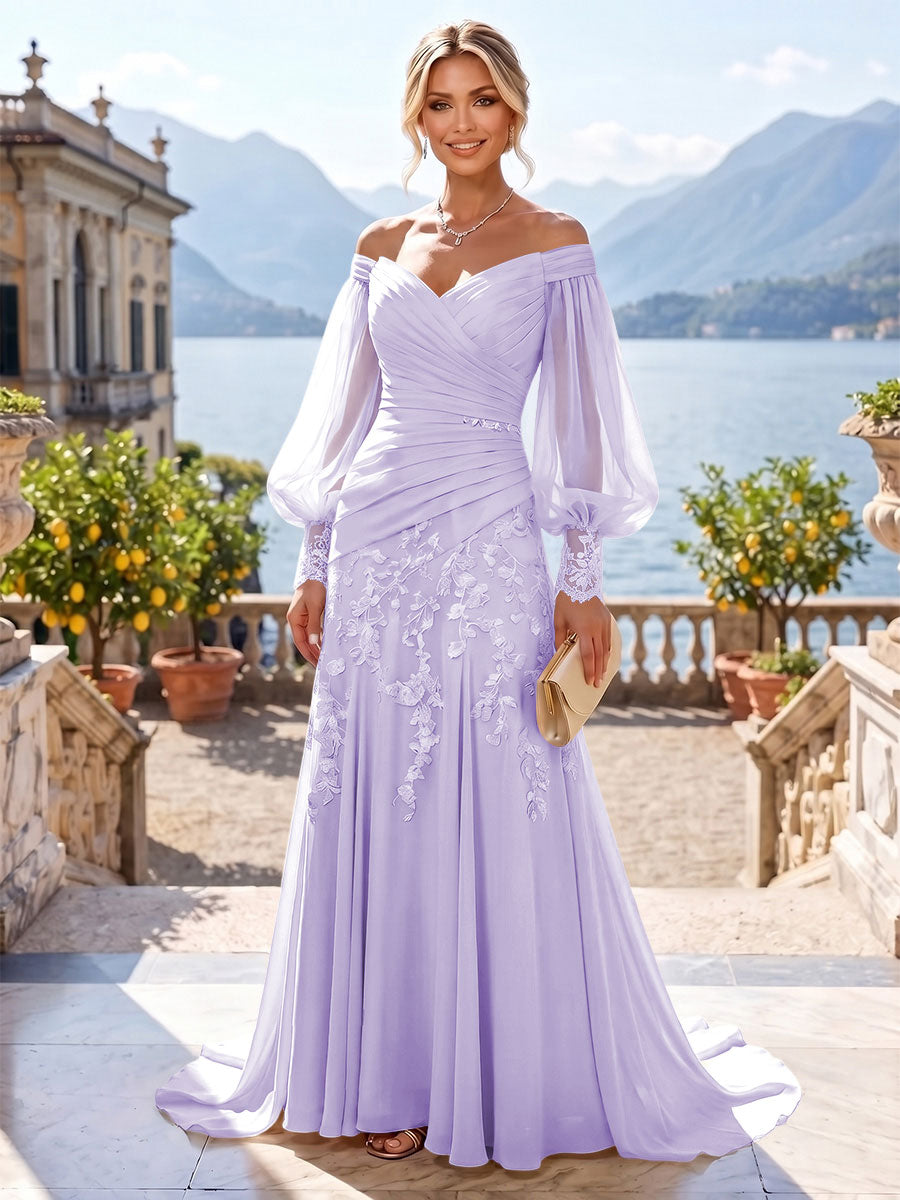 A-Line/Princess Off Shoulder Chiffon Floor-Length Mother of the Bride & Groom Dresses with Lace Appliques & Pleats