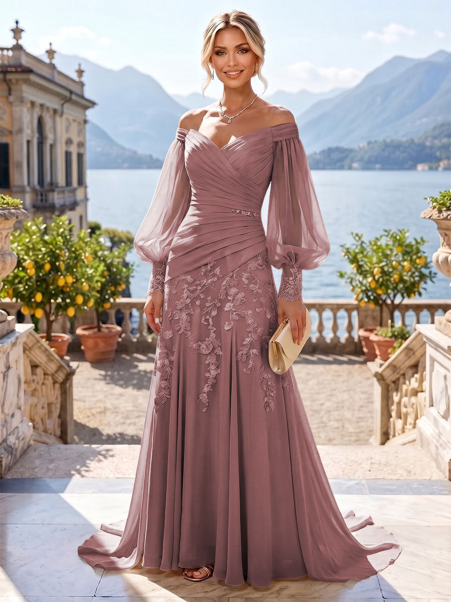 A-Line/Princess Off Shoulder Chiffon Floor-Length Mother of the Bride & Groom Dresses with Lace Appliques & Pleats