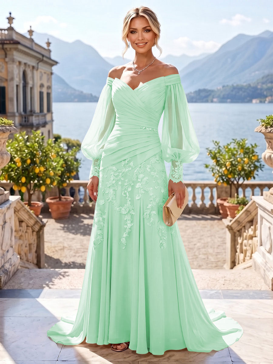 A-Line/Princess Off Shoulder Chiffon Floor-Length Mother of the Bride & Groom Dresses with Lace Appliques & Pleats