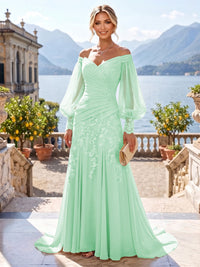 A-Line/Princess Off Shoulder Chiffon Floor-Length Mother of the Bride & Groom Dresses with Lace Appliques & Pleats