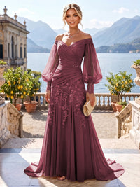 A-Line/Princess Off Shoulder Chiffon Floor-Length Mother of the Bride & Groom Dresses with Lace Appliques & Pleats