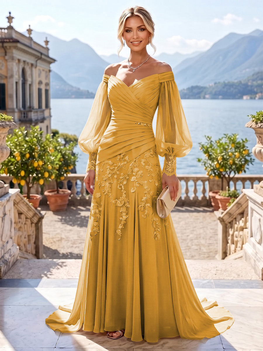 A-Line/Princess Off Shoulder Chiffon Floor-Length Mother of the Bride & Groom Dresses with Lace Appliques & Pleats