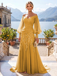 A-Line/Princess Off Shoulder Chiffon Floor-Length Mother of the Bride & Groom Dresses with Lace Appliques & Pleats