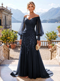 A-Line/Princess Off Shoulder Chiffon Floor-Length Mother of the Bride & Groom Dresses with Lace Appliques & Pleats
