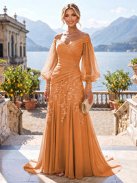 A-Line/Princess Off Shoulder Chiffon Floor-Length Mother of the Bride & Groom Dresses with Lace Appliques & Pleats