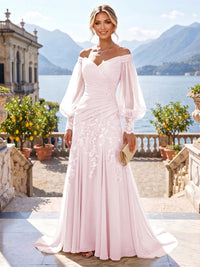 A-Line/Princess Off Shoulder Chiffon Floor-Length Mother of the Bride & Groom Dresses with Lace Appliques & Pleats
