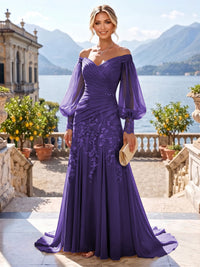 A-Line/Princess Off Shoulder Chiffon Floor-Length Mother of the Bride & Groom Dresses with Lace Appliques & Pleats