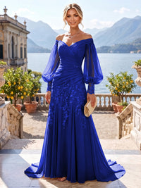 A-Line/Princess Off Shoulder Chiffon Floor-Length Mother of the Bride & Groom Dresses with Lace Appliques & Pleats