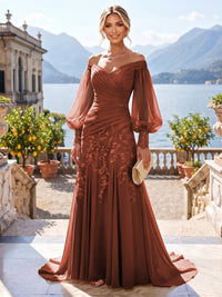 A-Line/Princess Off Shoulder Chiffon Floor-Length Mother of the Bride & Groom Dresses with Lace Appliques & Pleats