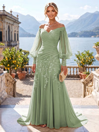 A-Line/Princess Off Shoulder Chiffon Floor-Length Mother of the Bride & Groom Dresses with Lace Appliques & Pleats