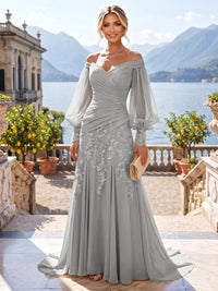 A-Line/Princess Off Shoulder Chiffon Floor-Length Mother of the Bride & Groom Dresses with Lace Appliques & Pleats