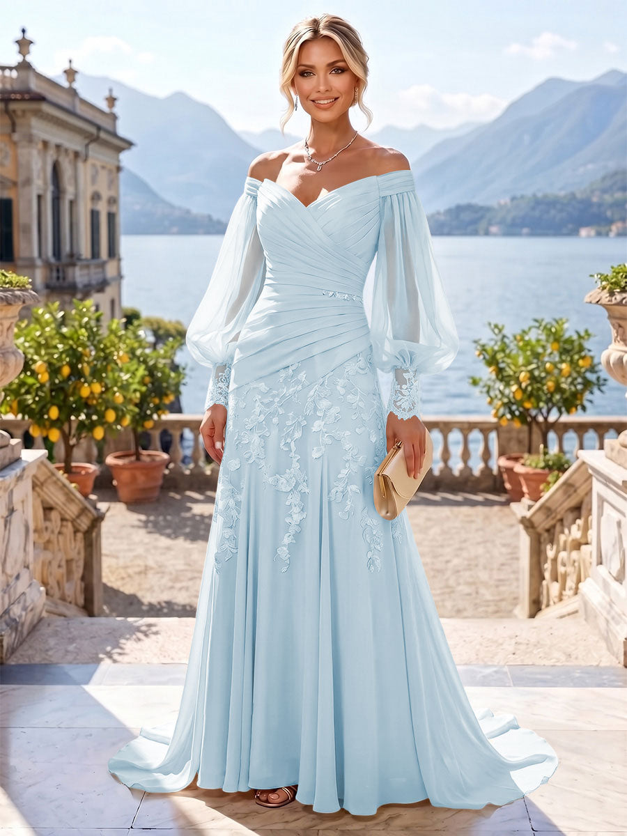 A-Line/Princess Off Shoulder Chiffon Floor-Length Mother of the Bride & Groom Dresses with Lace Appliques & Pleats