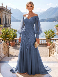 A-Line/Princess Off Shoulder Chiffon Floor-Length Mother of the Bride & Groom Dresses with Lace Appliques & Pleats