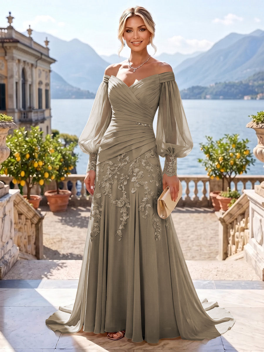 A-Line/Princess Off Shoulder Chiffon Floor-Length Mother of the Bride & Groom Dresses with Lace Appliques & Pleats