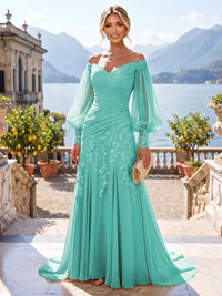 A-Line/Princess Off Shoulder Chiffon Floor-Length Mother of the Bride & Groom Dresses with Lace Appliques & Pleats