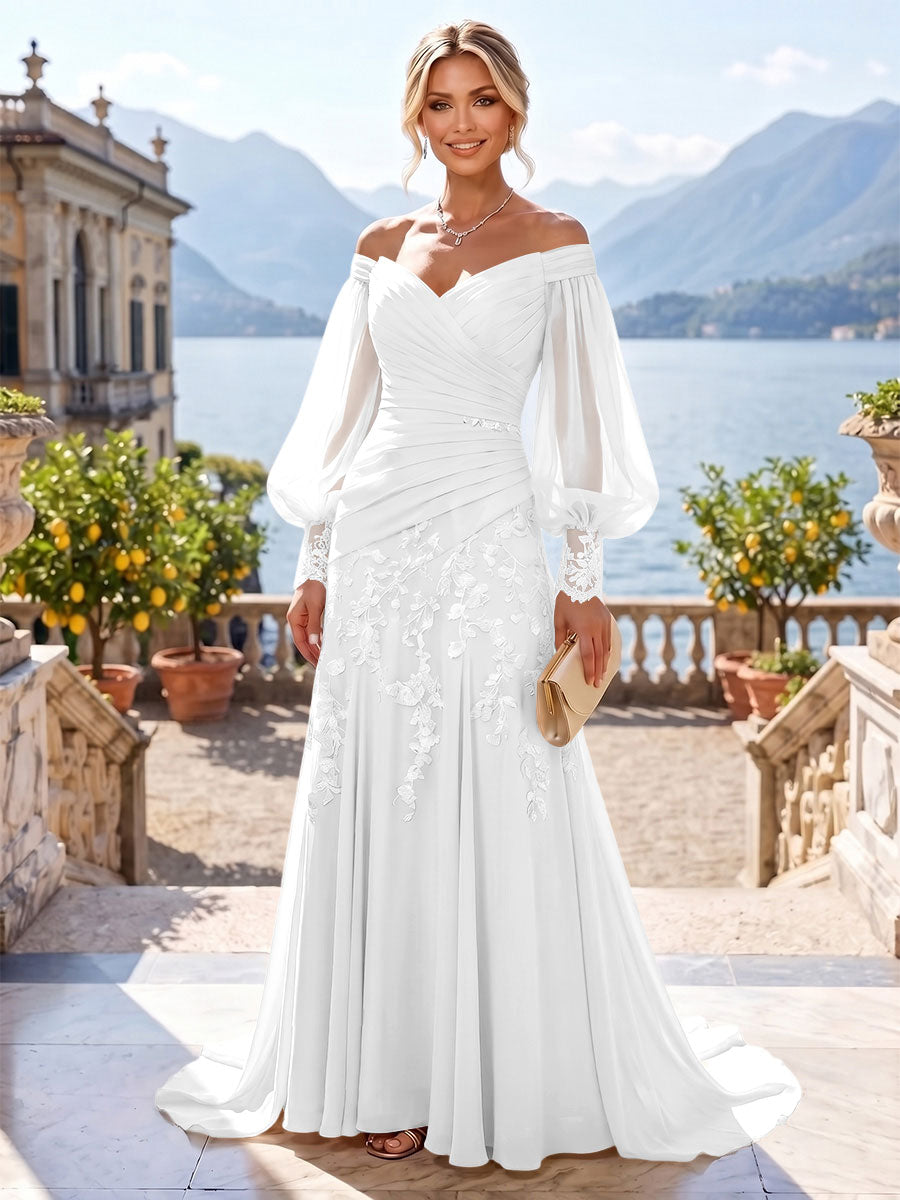 A-Line/Princess Off Shoulder Chiffon Floor-Length Mother of the Bride & Groom Dresses with Lace Appliques & Pleats