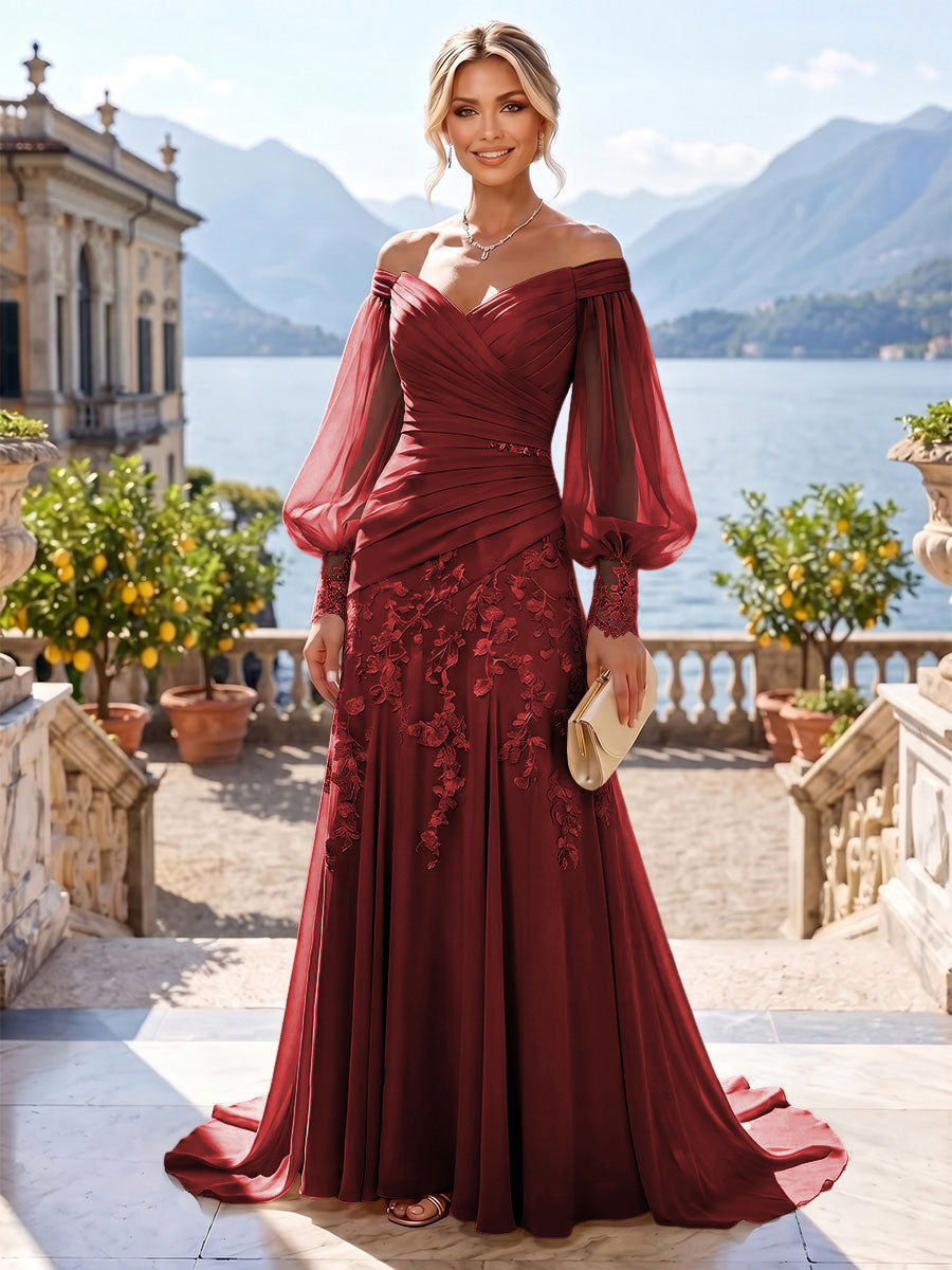A-Line/Princess Off Shoulder Chiffon Floor-Length Mother of the Bride & Groom Dresses with Lace Appliques & Pleats