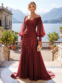 A-Line/Princess Off Shoulder Chiffon Floor-Length Mother of the Bride & Groom Dresses with Lace Appliques & Pleats