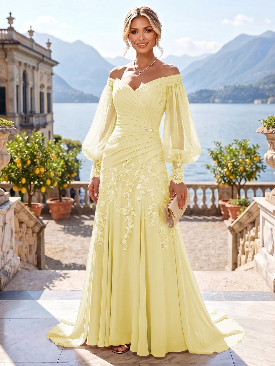 A-Line/Princess Off Shoulder Chiffon Floor-Length Mother of the Bride & Groom Dresses with Lace Appliques & Pleats