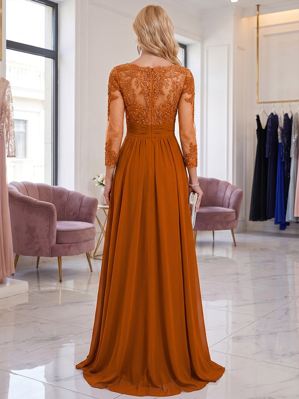 A-Line/Princess Scoop Neck Chiffon Floor-Length Mother of the Bride & Groom Dresses with Lace Embroidery Bodice